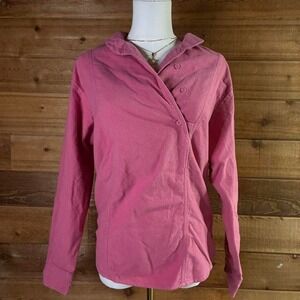 Vintage women's Eddie Bauer Pink cotton button-up shirt with a relaxed fit